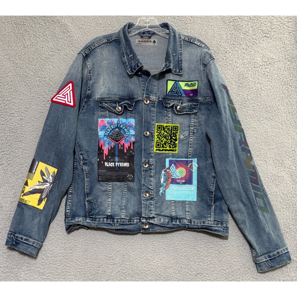 Black Pyramid Mens Jean Denim Jacket Size 2XL Patches